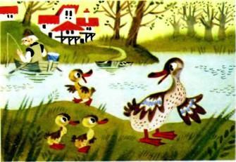 утка и утята на озере реке пруду