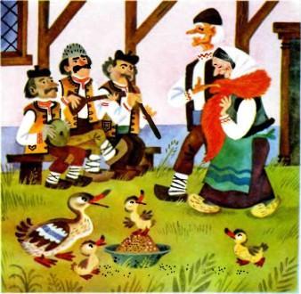 дед с бабой идут по деревне с лисьим воротником