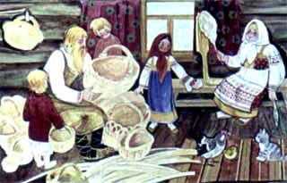 старик корзины плетет, старуха шерсть прядет, чулки да рукавица вяжет