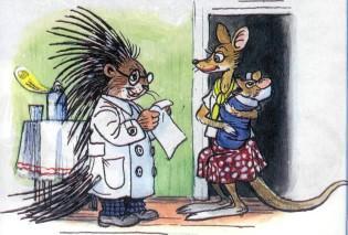 Сказка: Самое интересное слово (иллюстрации: Сутеев В.) кенгуру с детенышем на приеме у врача дикобраза