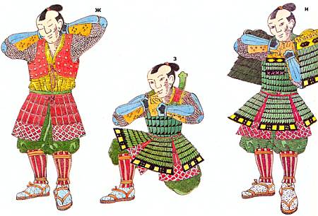 Самураи (Рыцари Дальнего Востока) Перчатки, а иногда наголенники и кожаный жилет также были защищены металлическими пластинами