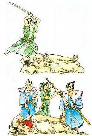 Самураи (Рыцари Дальнего Востока) Испытание меча на приговоренном к смерти преступнике. Во время этого кровавого ритуала проверяли твердость и остроту новых мечей, перед тем как вручить их новому хозяину.