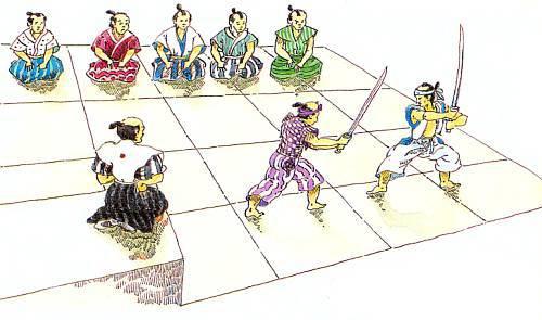 Самураи (Рыцари Дальнего Востока) Занятие в школе кэндзюцу. Здесь мальчики из знатных самурайских семейств под руководством опытного наставника обучались высокому искусству сражения на мечах.