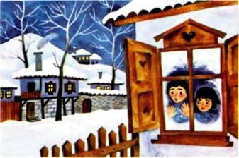 дети выгладывают в окно снежная зима за окном