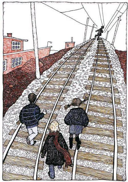 Щенок Засоня (рассказ) люди идут по рельсам