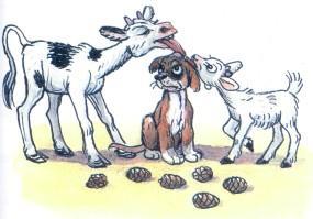 Сказка: Шишки (иллюстрации: Сутеев В.) теленок и козленок лижут помогают щенку набил шишку