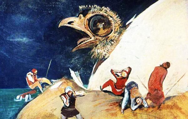 Синдбад-мореход (сказка) Купцы и матросы еще сильнее били по яйцу. Когда скорлупа треснула, из яйца показался огромный птенец.