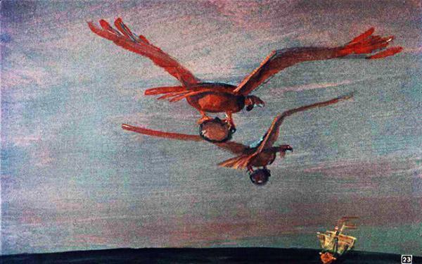 Синдбад-мореход (сказка) Птица Рухх летела прямо на корабль. Рядом с нею, широко размахивая крыльями, летел Рухх-самец. В когтях у птиц бали зажаты огромные камни.