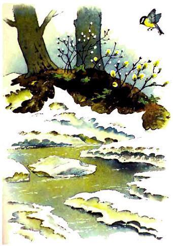 Синичка над рекой растаявшей