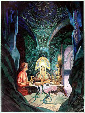 Медной горы Хозяйка (сказка) Схлопала опять в ладошки, набежали ящерки — полон стол установили. Накормила она его щами хорошими, пирогом рыбным, бараниной, кашей