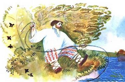 работник  Балда крутит веревку у берега моря