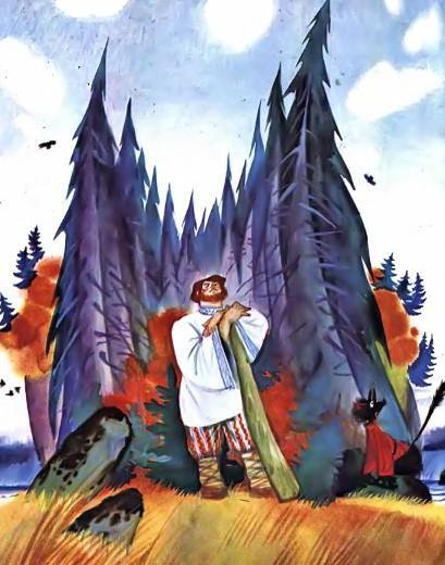 работник  Балда с палкой и бесенок