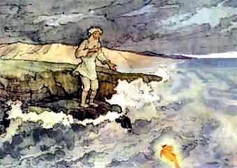 Сказка о рыбаке и рыбке Старичок отправился к морю (Почернело синее море). Стал он кликать золотую рыбку.