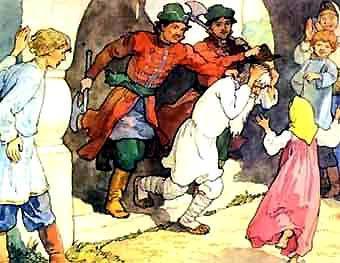 Сказка о рыбаке и рыбке Подбежали бояре и дворяне, Старика взашей затолкали.