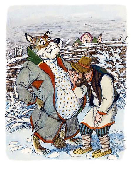 мужик слушает живот у волка