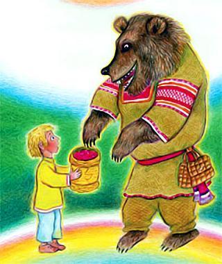 Насыпал Пашутка брусники по краешки, стал спускаться с горы, а навстречу медведь