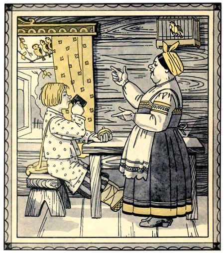 Сказки о Шише: Шиш и трактирщица Шиш ест за столом и трактирщица