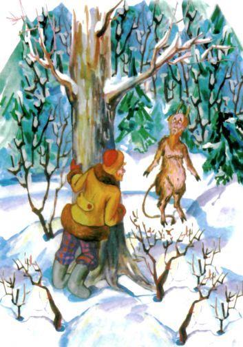 мужик в заснеженном лесу следит за чертом