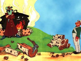 Слово (русская сказка) Пошёл Илья во двор и видит: стоит перед ним хозяин, грозный, глаза на выкате. Повёл хозяин Илью к большому чугунному котлу