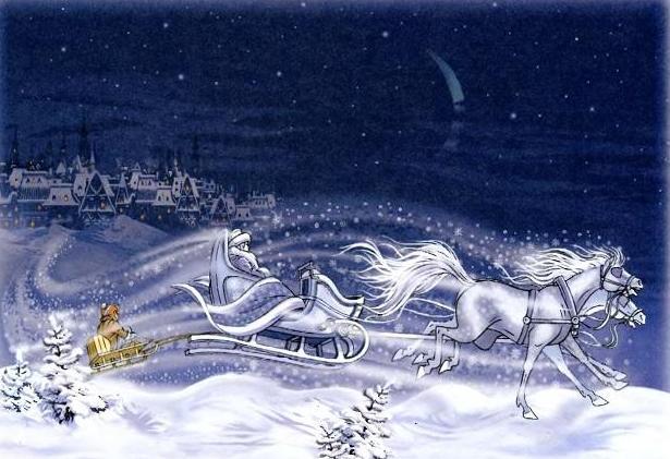 Снежная королева увозит кая на санях