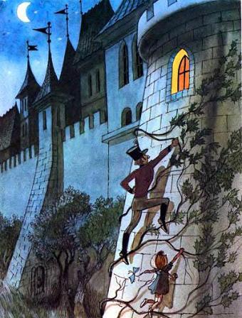 девочка Люба и солдат карабкаются по стене замка вверх