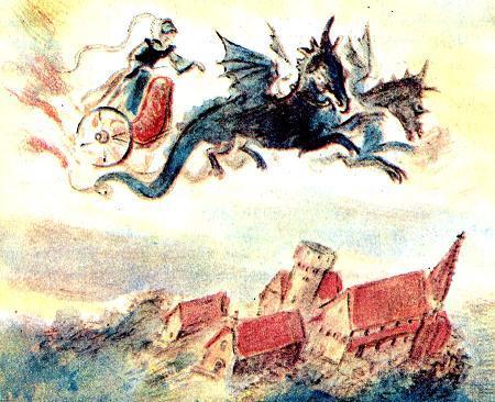 Спящая красавица (сказка) Не прошло и часу, как её огненная колесница, запряжённая драконами, уже появилась возле королевского дворца