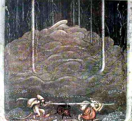 Старуха троллиха и большая королевская стирка (сказка) Когда наступил вечер, старуха троллиха и ее сынок выбрались из горы. Котел они несли между собой, на шесте