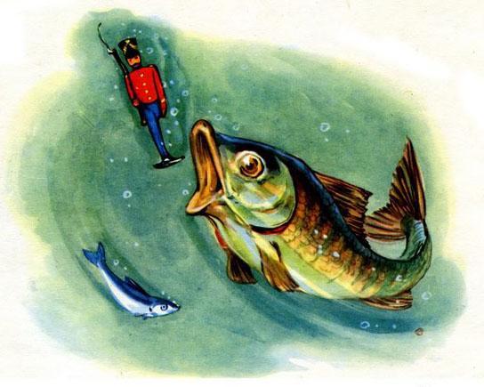 Откуда ни возьмись, из воды вынырнула большая рыба и мигом проглотила солдатика вместе с его ружьем