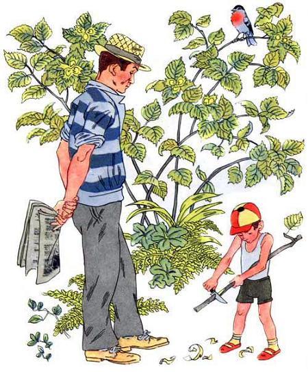 мальчик вырезает ножиком и отец