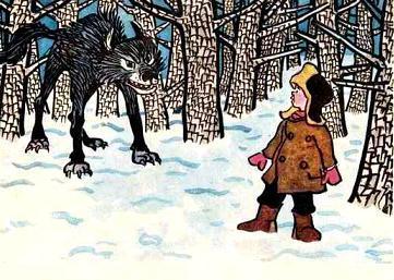 мальчик и волк в лесу