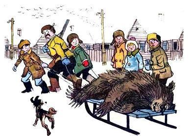 охотник везет тушу медведя на санках