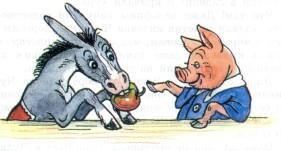 упрямый ослик осел ест яблоко поросенок