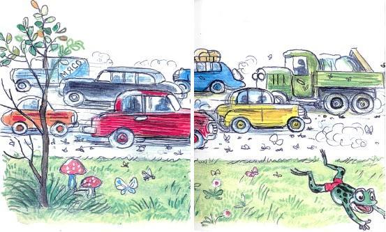 Упрямый лягушонок (иллюстрации: Сутеев В.) лягушонок, лягушка, дорога, автомобили, город