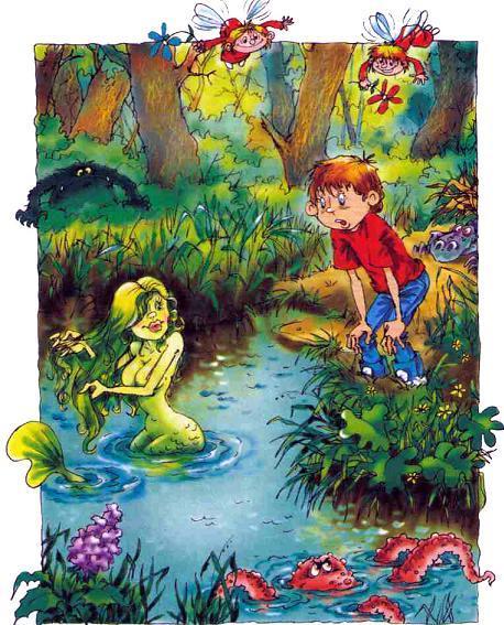 В поисках волшебного камня (повесть) мальчик Филипп на берегу и в речке русалка