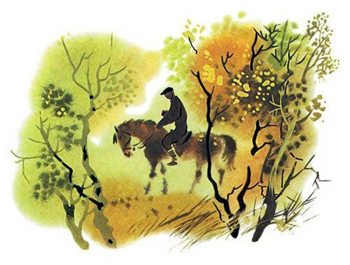 всадник на коне в лесу