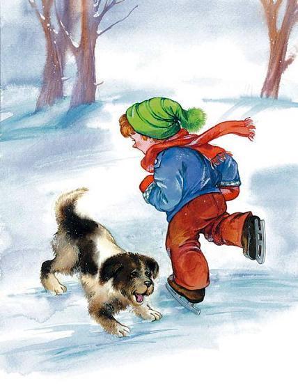 мальчик на коньках на котке и его щенок катаются