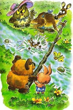Винни-Пух протягивает палку крошке Ру упавшему в воду