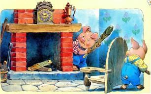 поросята с палкой у камина ждут волка