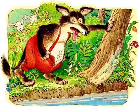  Когда волк проснулся, во рту его совсем пересохло и он пошел к реке напиться воды.