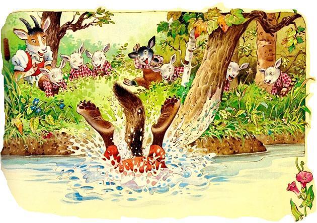 Когда же волк нагнулся к воде, его набитый камнями живот утянул его вниз и волк бултых