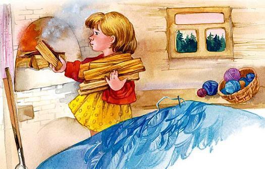 Волшебная иголочка (рассказ) девочка ложит в печку дрова разжигая огонь