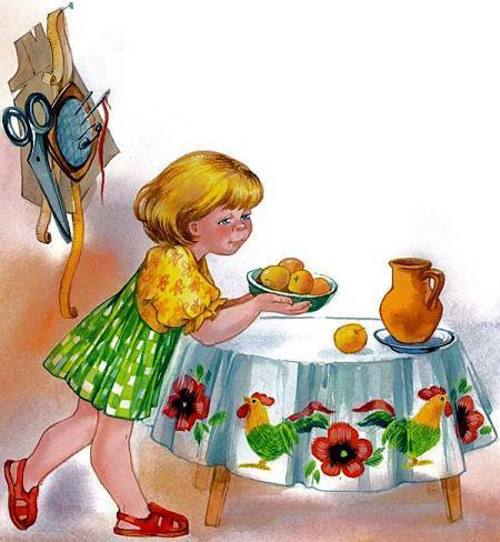 девочка с тарелкой яблок