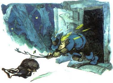 Страшила палкой прогоняет барсука