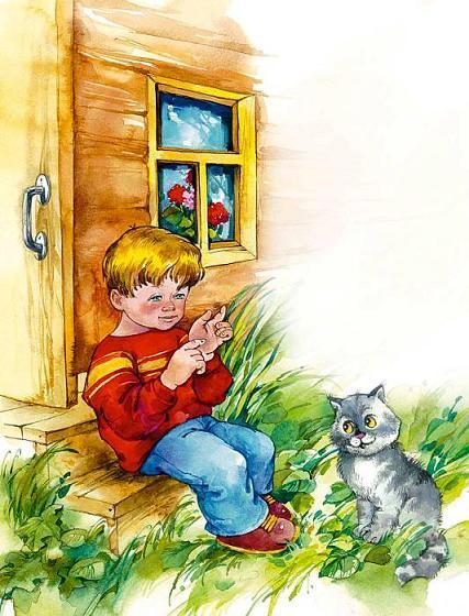 мальчик на крылечке дома и котик