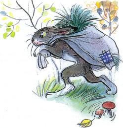 Сказка: Зайка- траву поедайка и его семья (иллюстрации: Сутеев В.) заяц с мешком травы