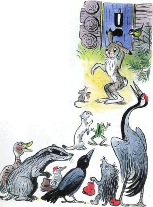 Сказка: Зайка- траву поедайка и его семья (иллюстрации: Сутеев В.) заяц у мастерской и много зверей клиенты