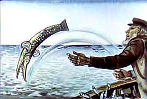 рыбак отпускает щуку