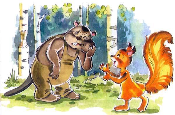 белка Ленка и бобер пытается раскусить орешек