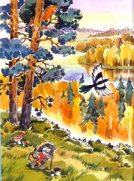 ежик собирает грибы в лесу