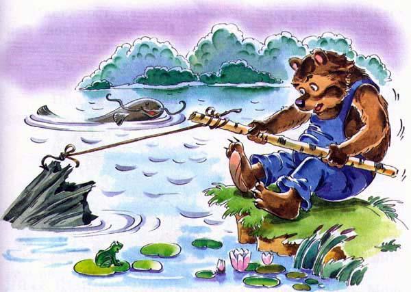 медведь выуживает пень из реки озера